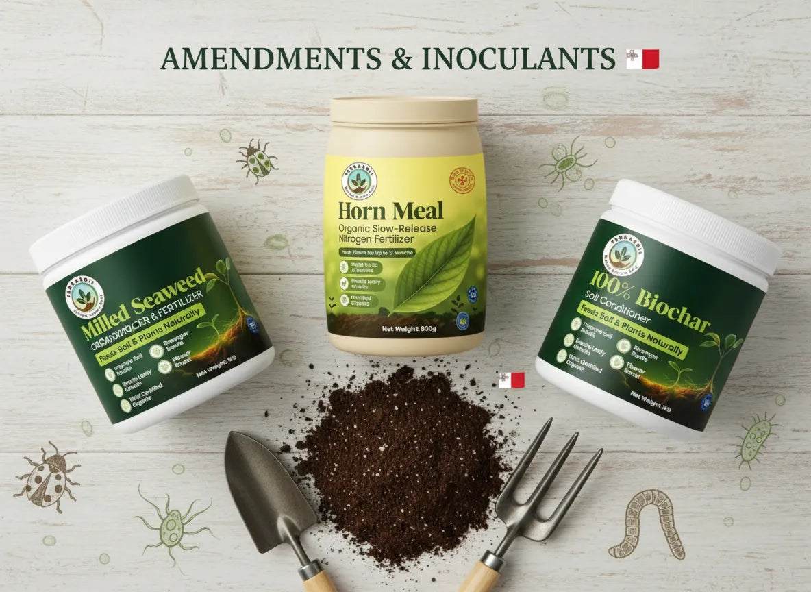 Organic amendments and inoculants for cannabis cultivation, including milled seaweed, horn meal, and biochar, displayed with garden tools and soil on a rustic background.