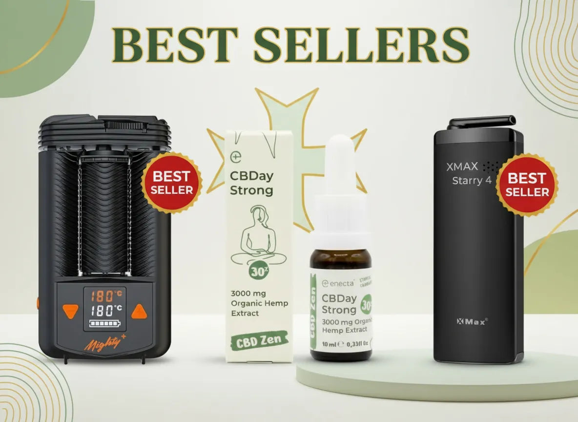 Best seller CBD oil, vaporizer devices, and hemp extract products on display