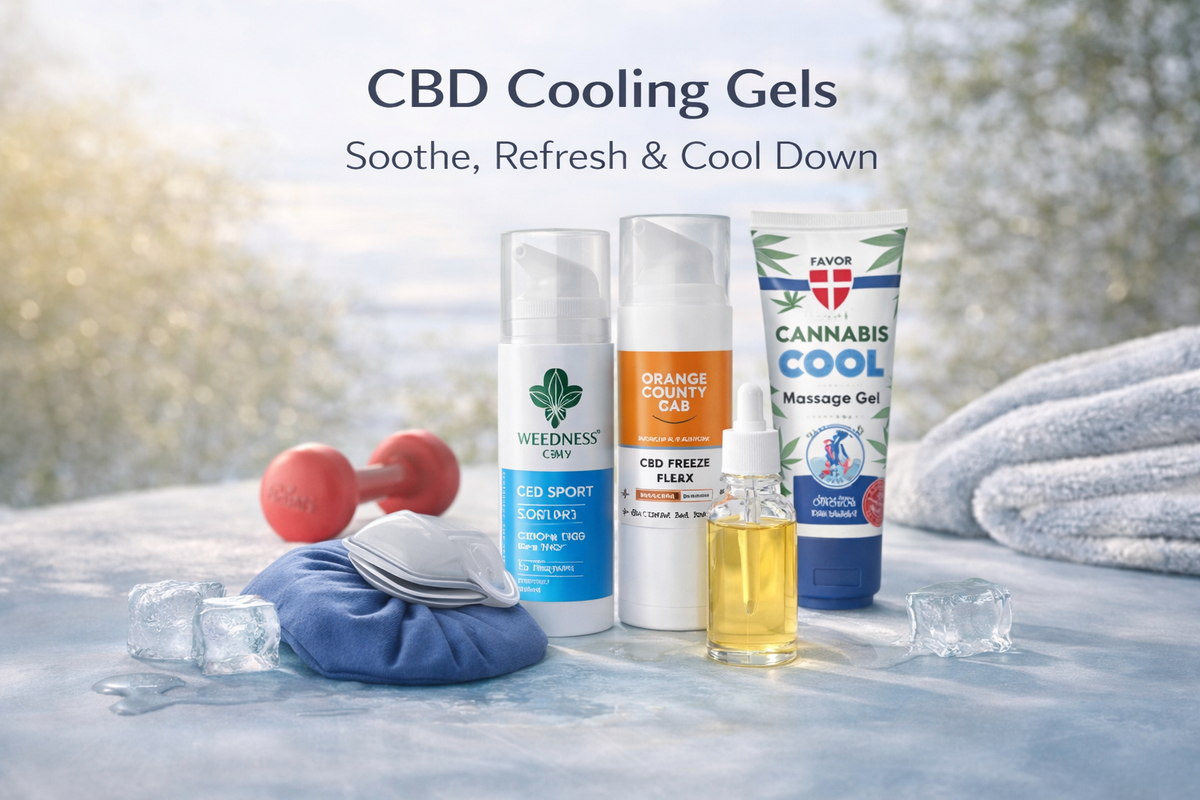CBD cooling creams and gels collection with massage gel, oil, ice pack, and fitness props