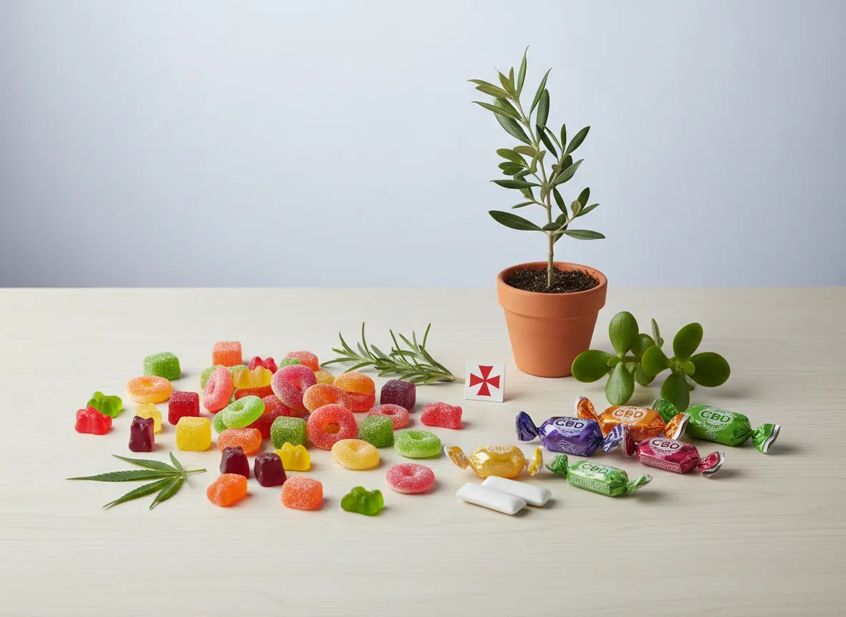 Assorted CBD edibles, gummy candies, and wrapped sweets with cannabis leaf, potted plants on table.