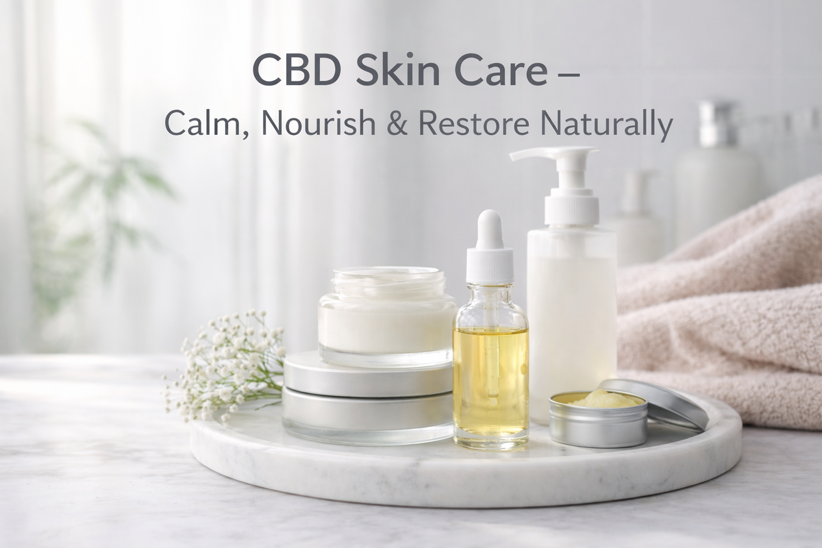 CBD skin care products including cream, oil, and lotion on marble tray in a bright bathroom