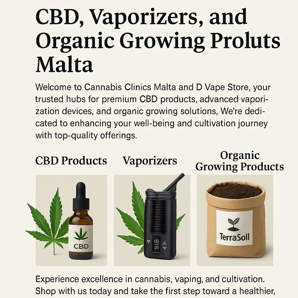 CBD oil bottle, vaporizer device, and organic growing soil displayed on a cannabis-themed product banner.