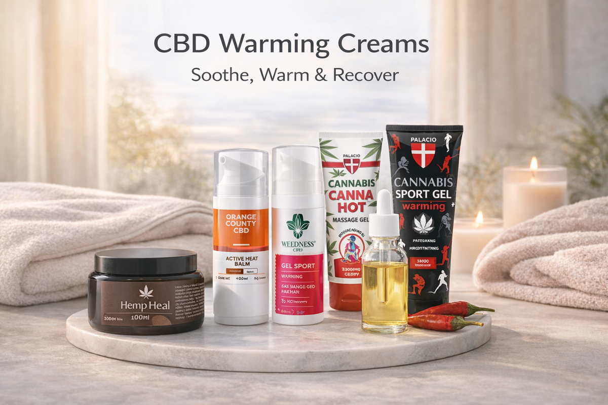 CBD warming creams and gels with hemp oil on spa table, ideal for soothing and recovery.