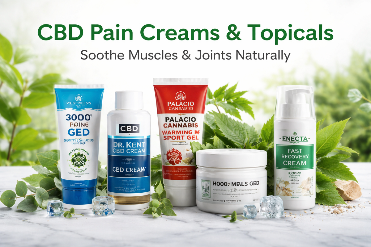 CBD pain relief creams and topicals for muscle and joint support, displayed with plants and ice.