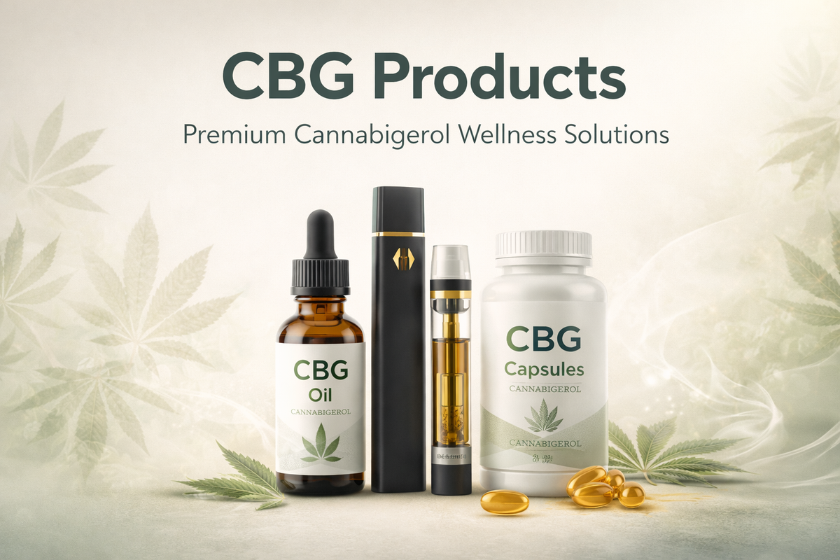 CBG products collection with oil dropper, capsules, vape pen and cannabis leaves