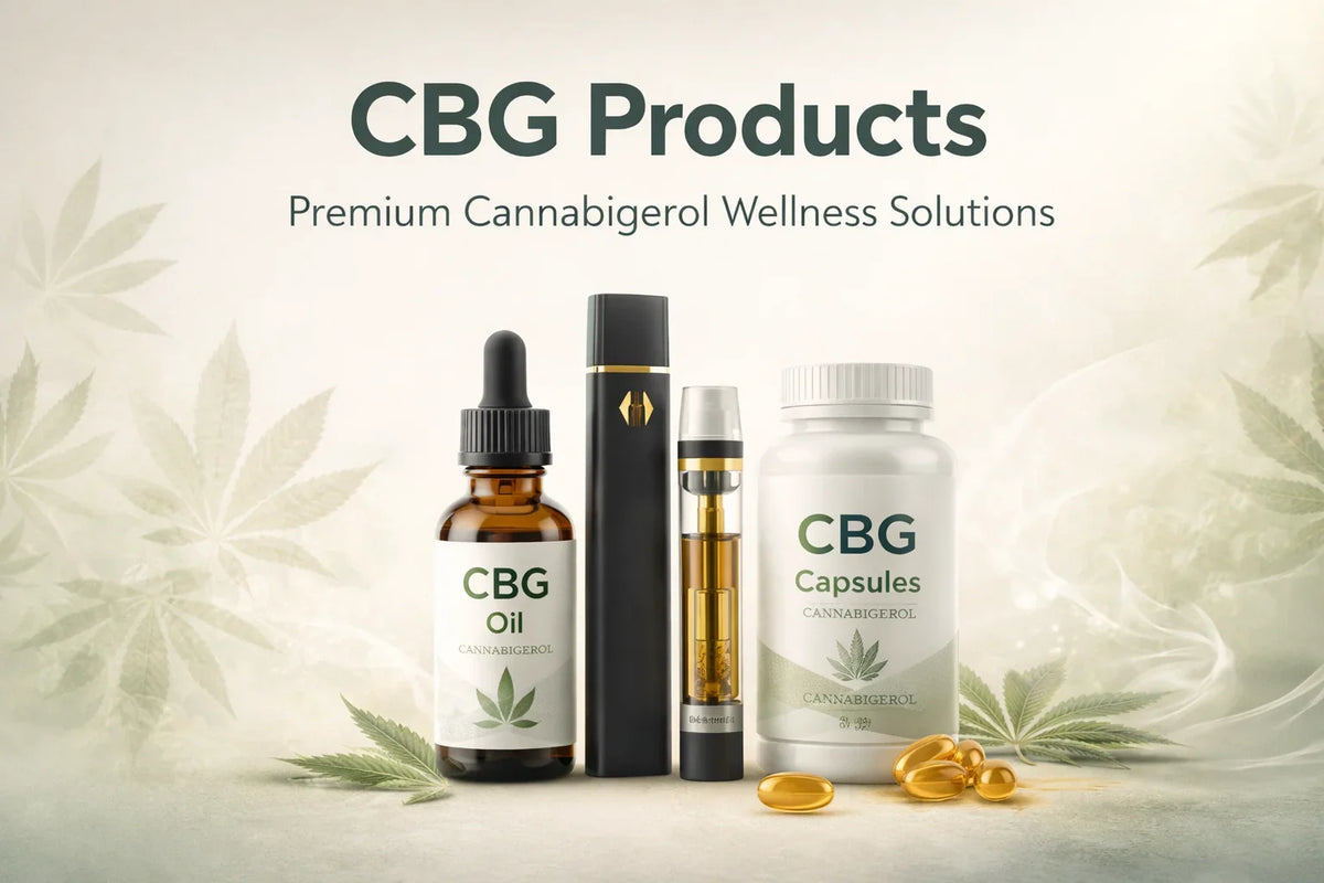 CBG products collection with oil dropper, capsules, vape pen and cannabis leaves