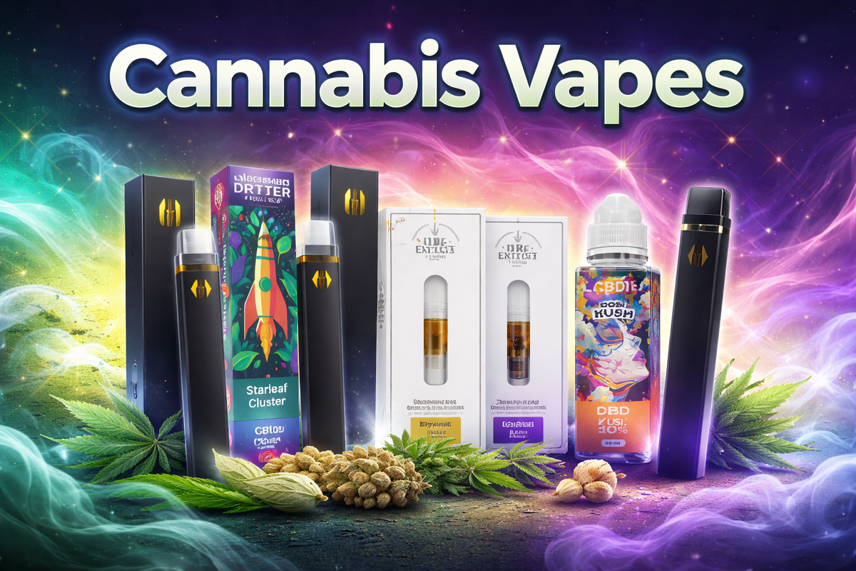 Assorted cannabis vape pens, cartridges and CBD e-liquid with hemp leaves and colorful background.