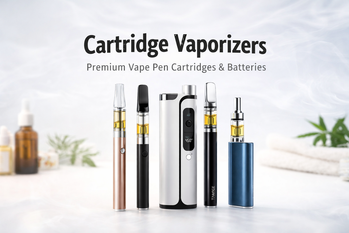 Assorted cartridge vaporizers and vape pen batteries for oil cartridges on a white surface.