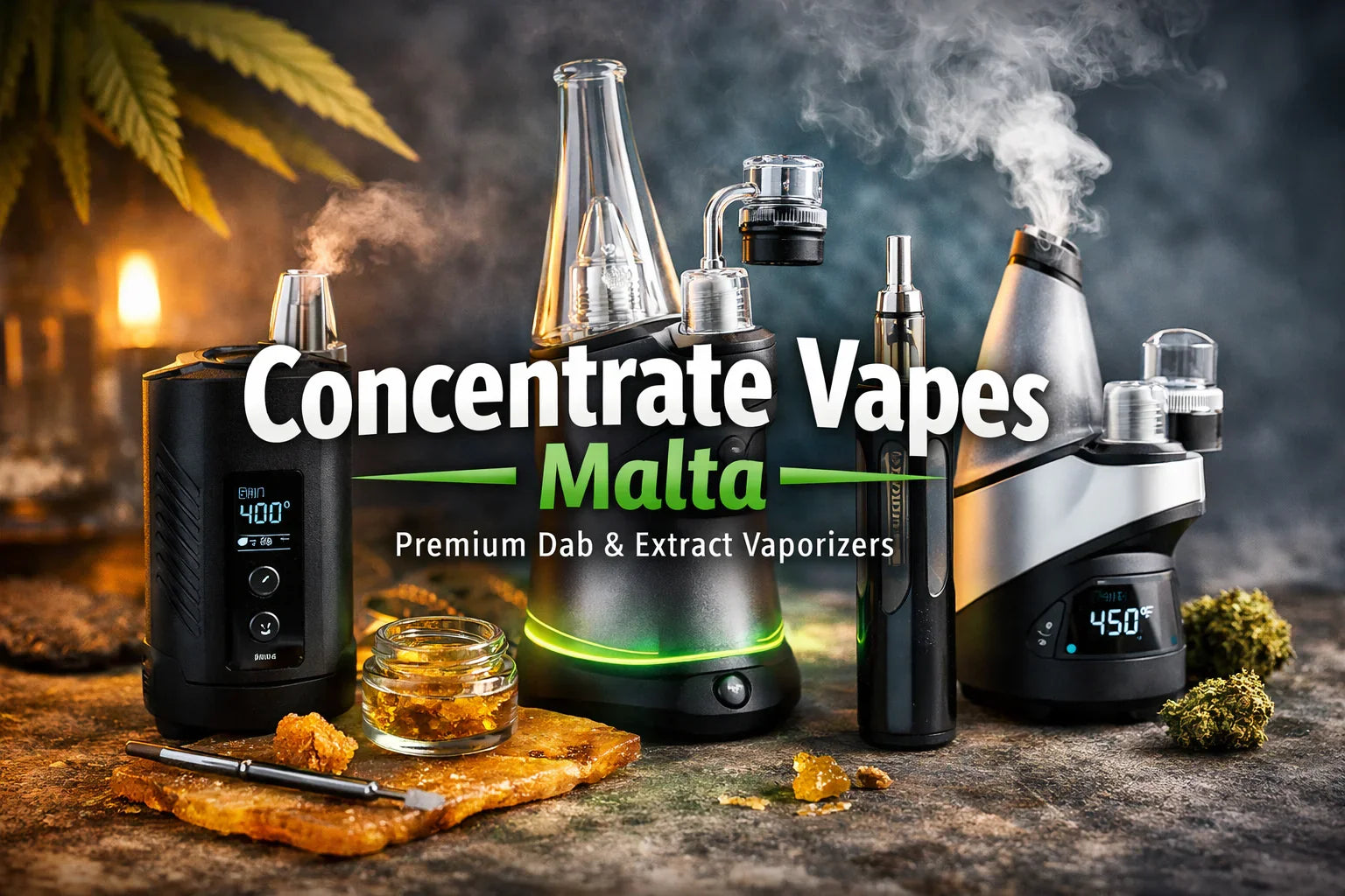 Assorted concentrate vaporizers and extract vapes with dabs on a table, Malta themed display