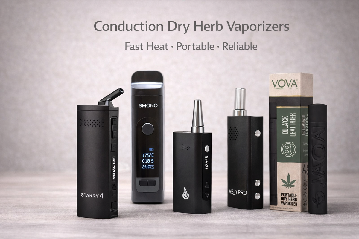Conduction dry herb vaporizers and accessories displayed on a table, portable herbal vape devices