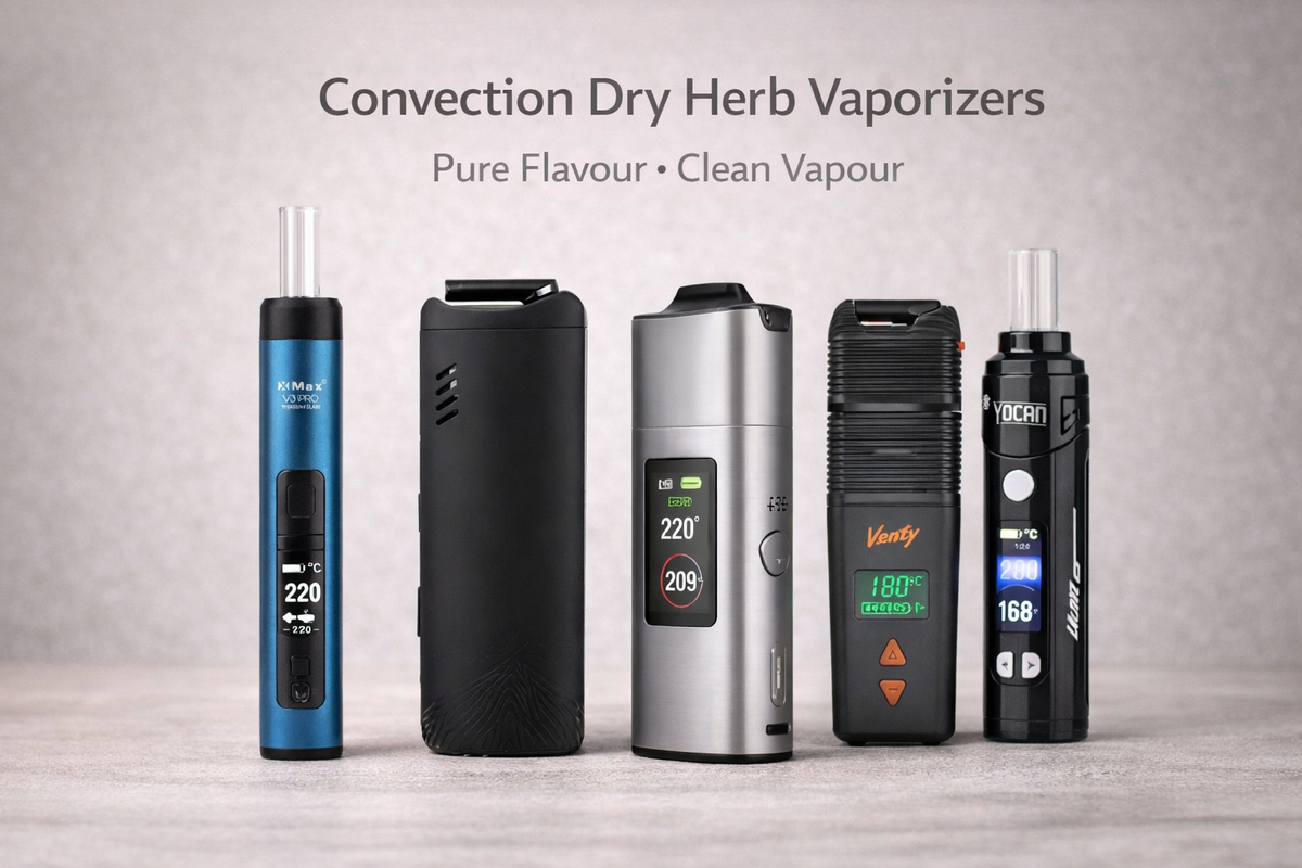 Assorted convection dry herb vaporizers for herbal use with digital displays on tabletop