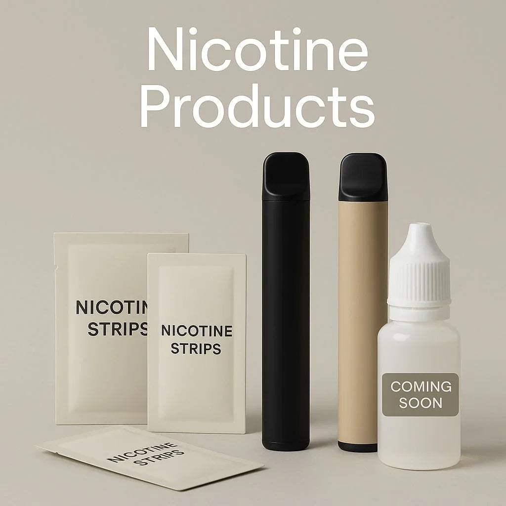 Nicotine disposable vapes, nicotine strips, and e-liquid bottle on neutral background