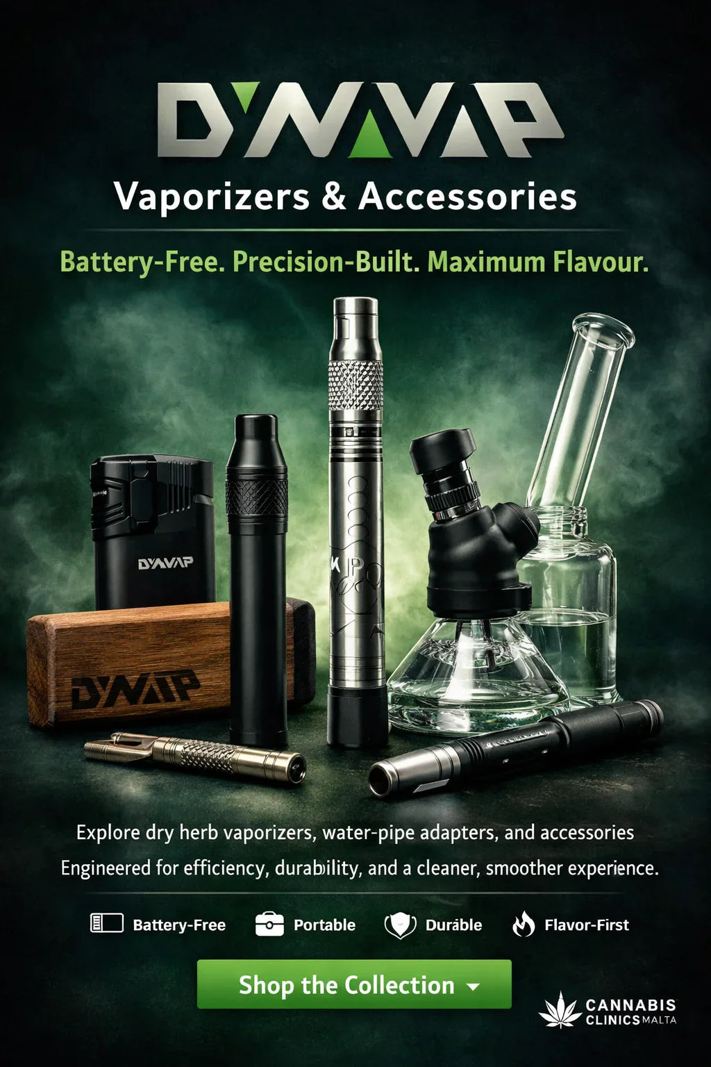 Battery-free dry herb vaporizers and glass accessories on display with green smokey background.