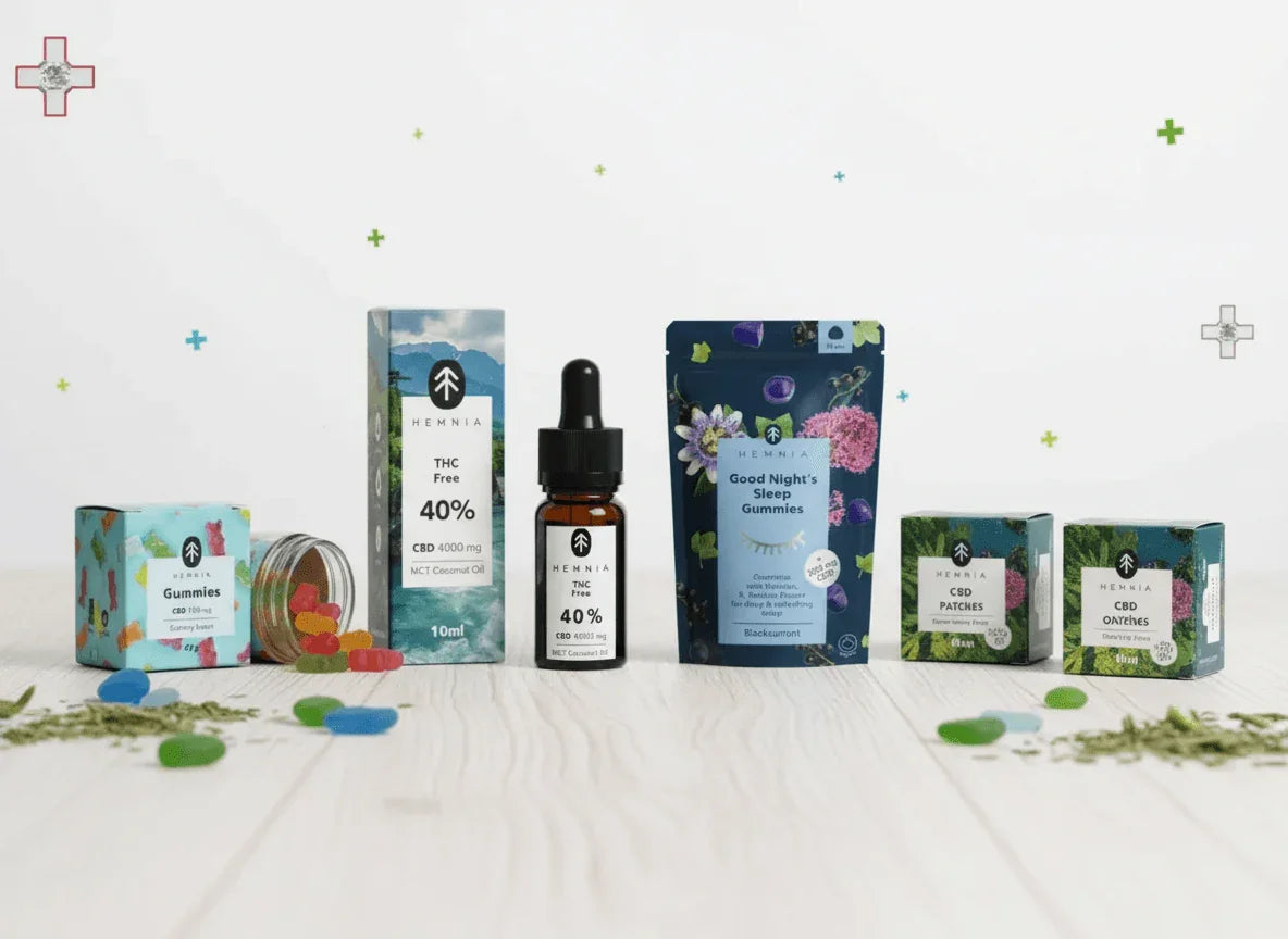 Assorted CBD gummies, oil, patches, and ointments on a white background for Malta cannabis clinics