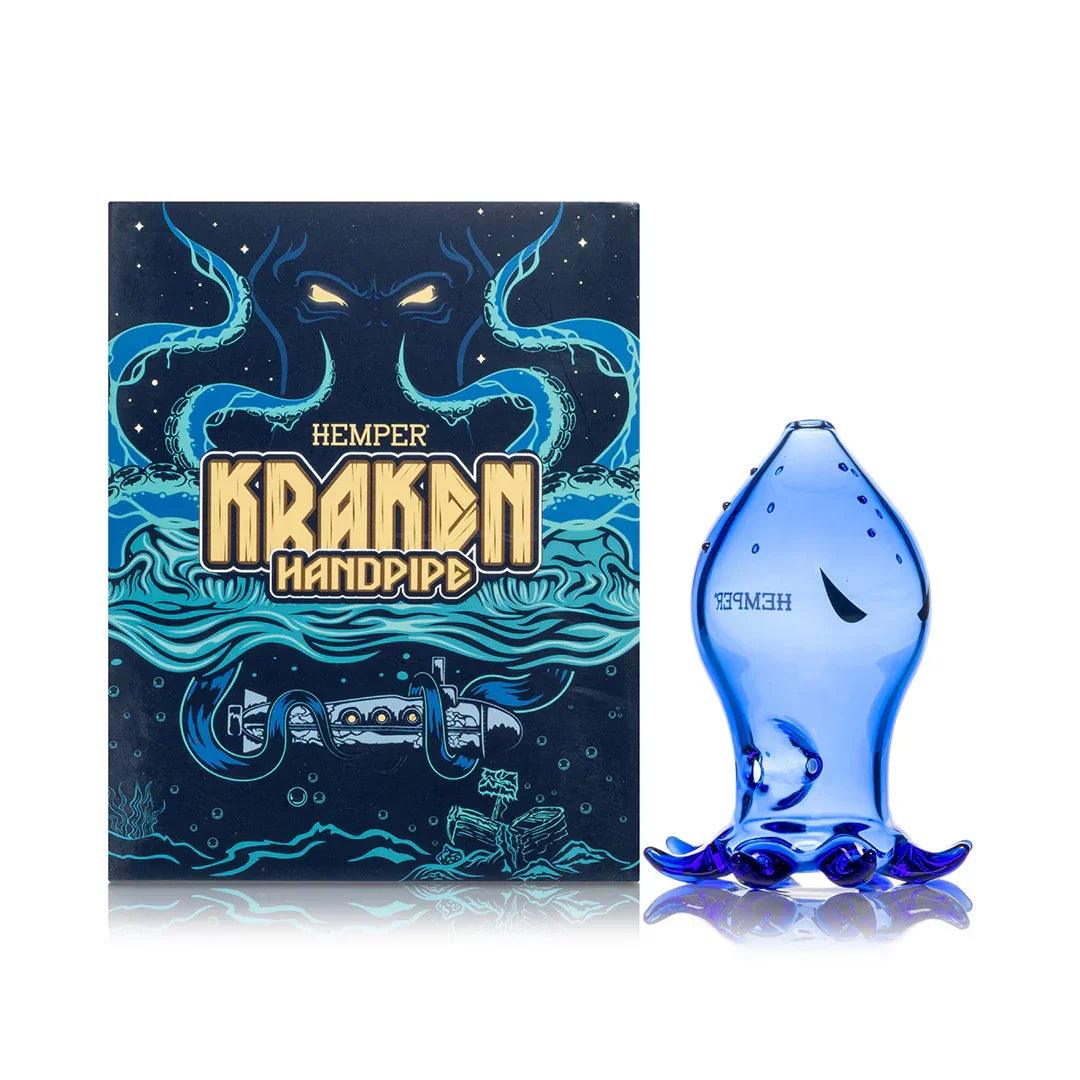 Blue Hemper Kraken glass hand pipe with a sculpted tentacle base
