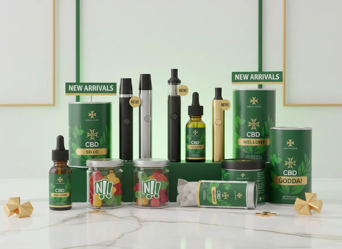 Assorted CBD oils, gummies, and vape pens displayed as new arrivals on a marble surface.