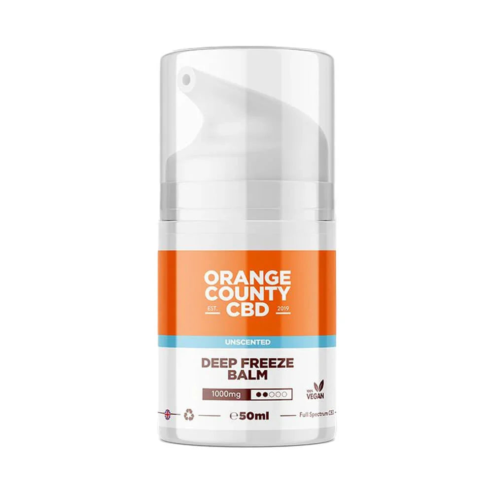 Orange County CBD Deep Freeze Balm, 1000 mg CBD in a 50 ml pump bottle.