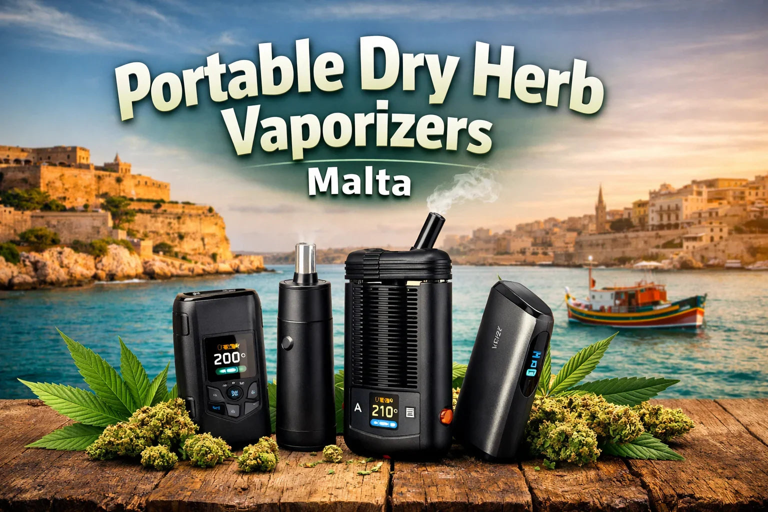 Portable dry herb vaporizers with cannabis leaves and buds, Malta harbor background
