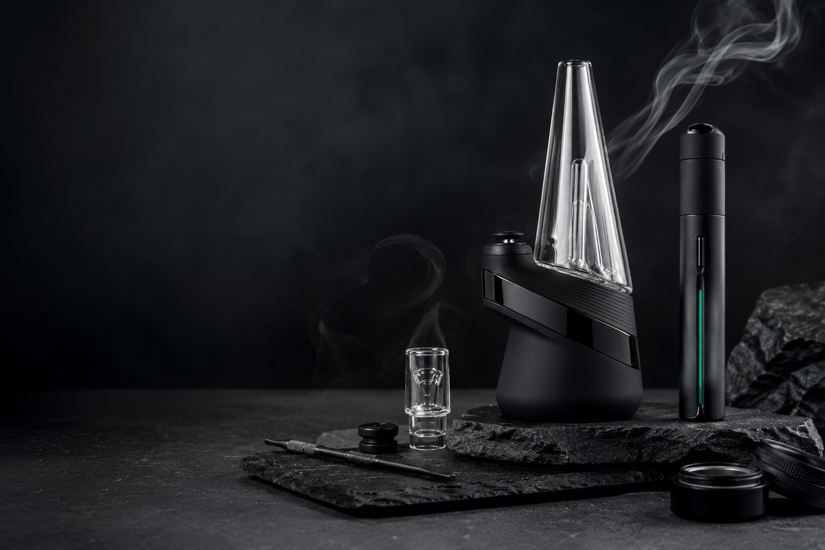 Premium Puffco concentrate vaporizers and accessories displayed on a dark stone surface