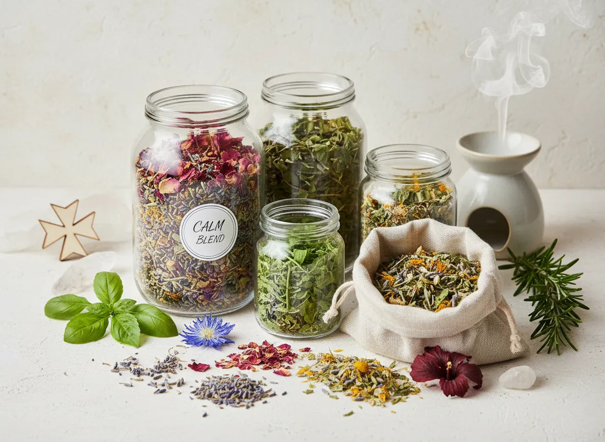 Glass jars and a cloth bag filled with herbal blends, dried flowers, and loose tea leaves on a white table.