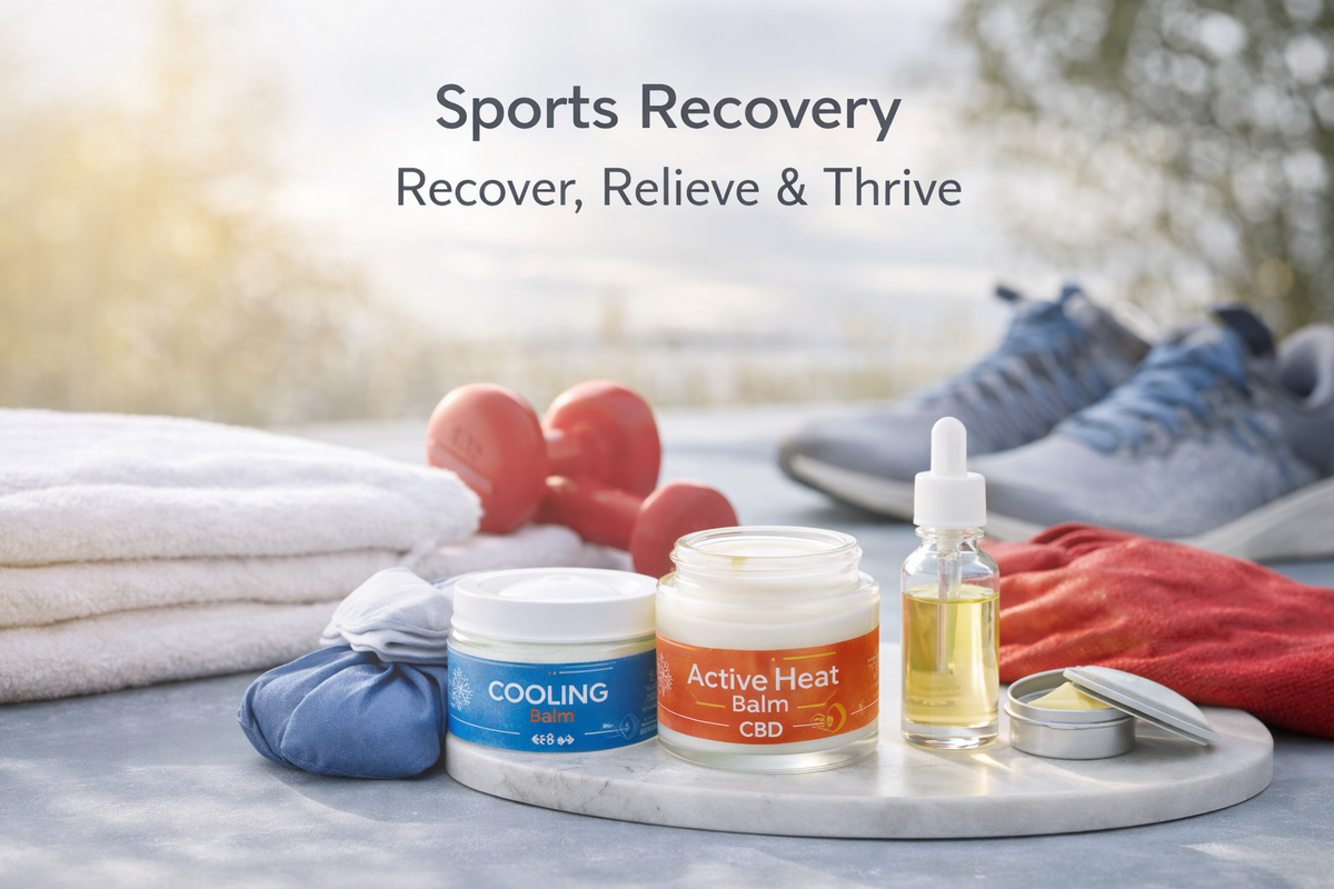 Sports recovery CBD balms, oils, and topical products with towels, dumbbells, and sneakers
