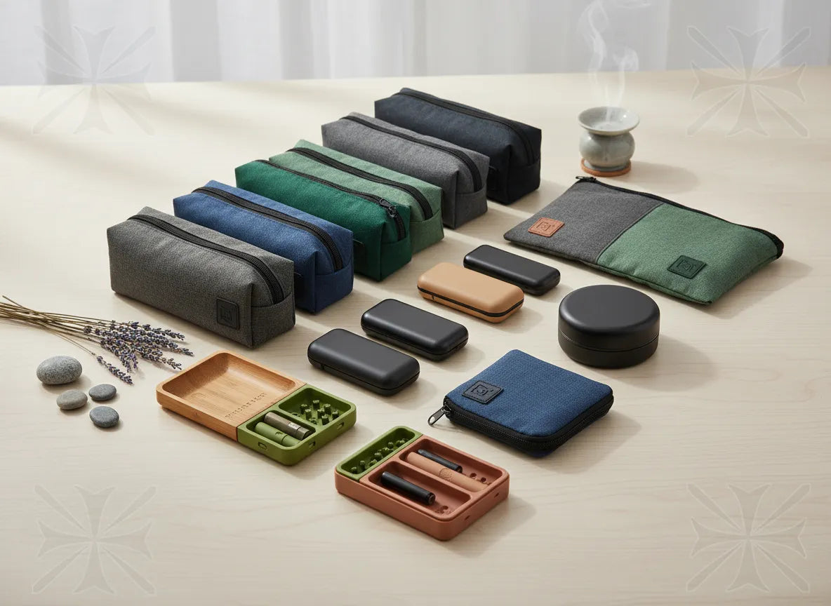 Assorted stash pouches, storage cases, and organization trays in various colors on a light table.