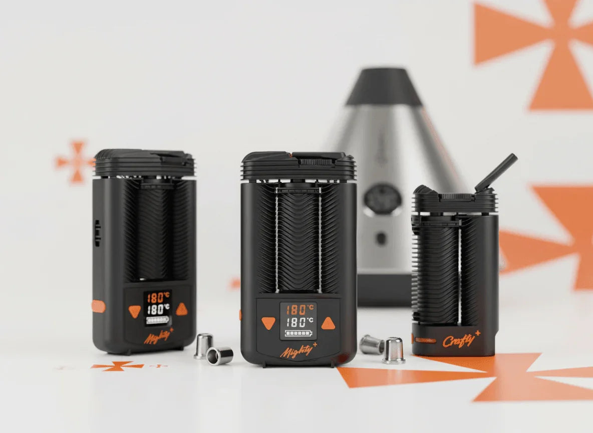 Portable dry herb vaporizers and accessories displayed on a white background with orange accents