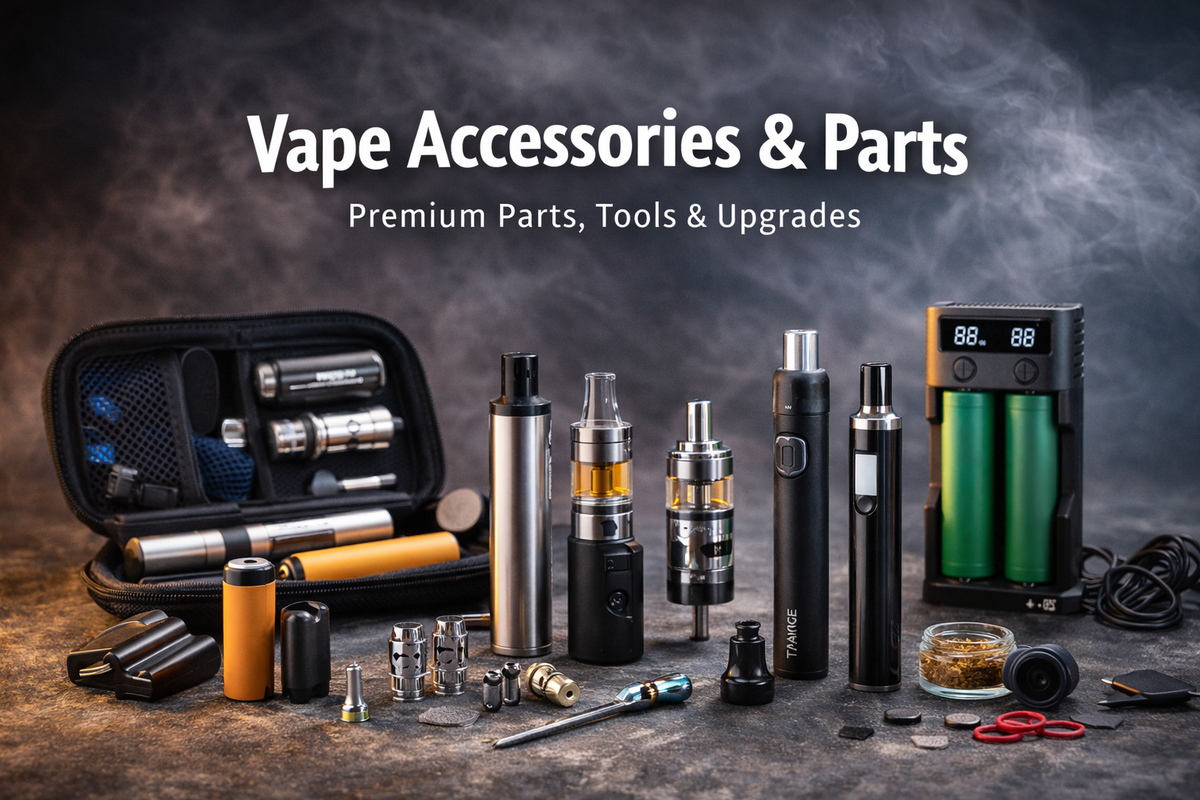 Vape accessories and parts including pens, tanks, chargers, and tools on a smoke background.