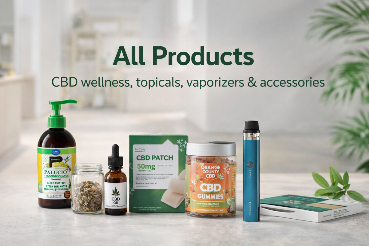 Selection of CBD wellness products including oils, gummies, patches, and vaporizer on a table
