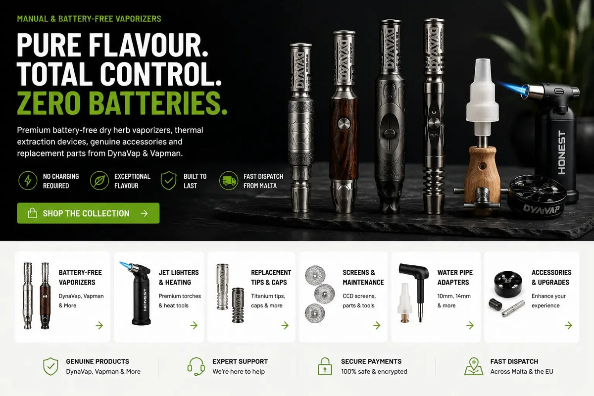 Battery-free dry herb vaporizers from DynaVap and Vapman with genuine thermal extraction accessories, replacement parts and jet lighters.