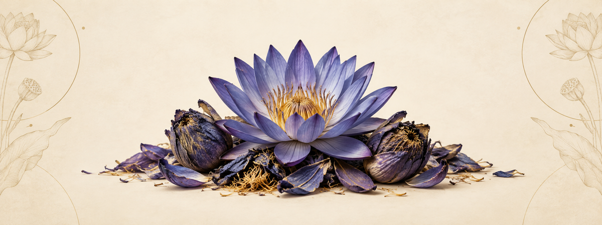Blue Lotus collection featuring dried whole flowers, petals and stamens