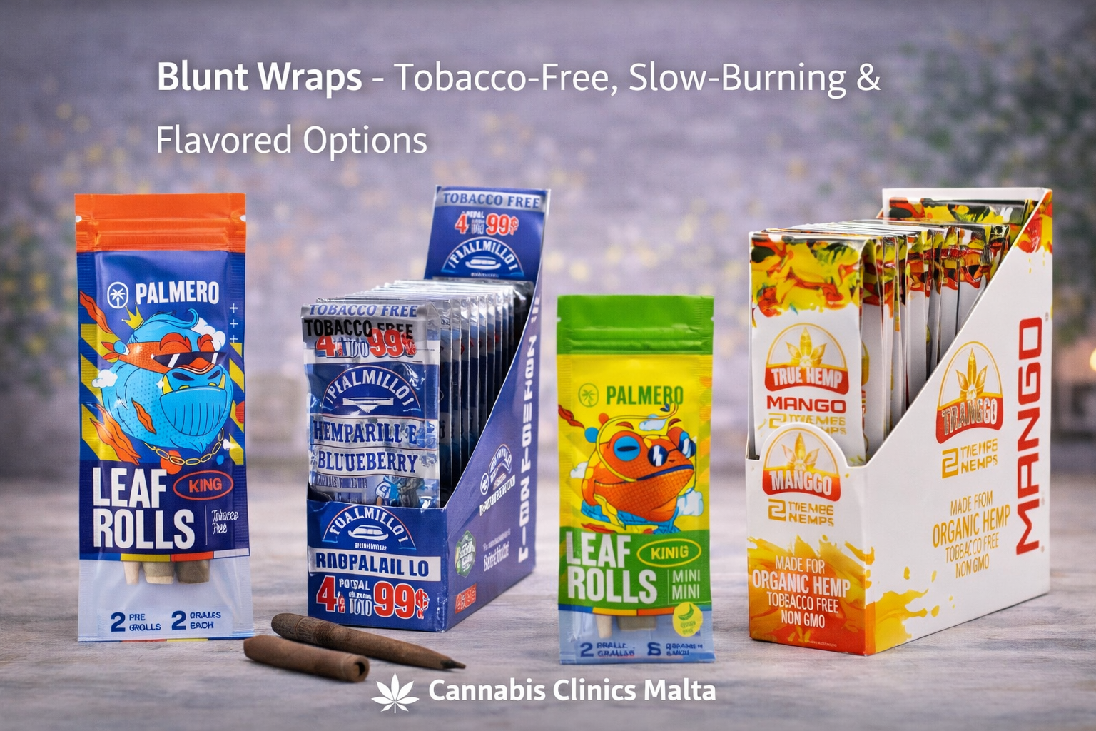 Blunt wraps collection – Palmero, Hemparillo, and True Hemp tobacco-free wraps in king and mini sizes, including mango and blueberry flavors – Cannabis Clinics Malta