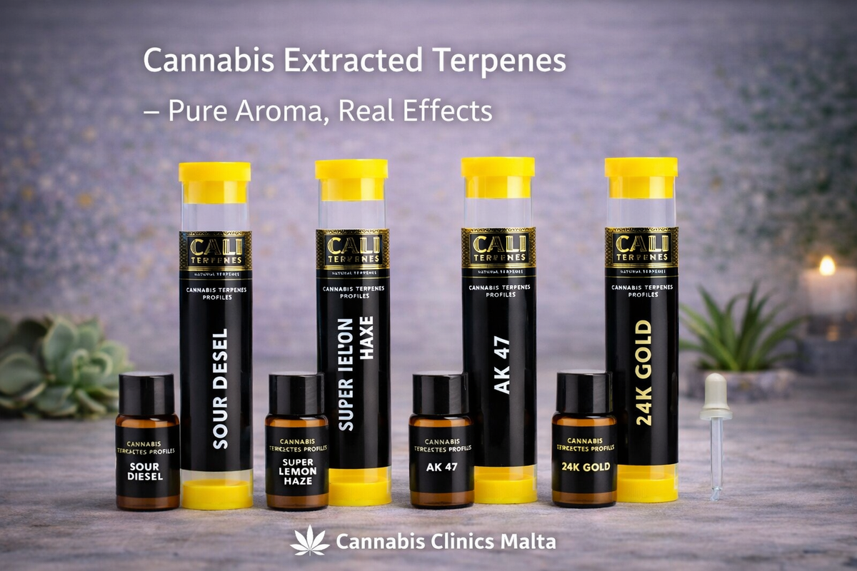 Assorted cannabis extracted terpenes bottles labeled Sour Diesel, Super Lemon Haze, AK 47, 24K Gold with droppers, on table.