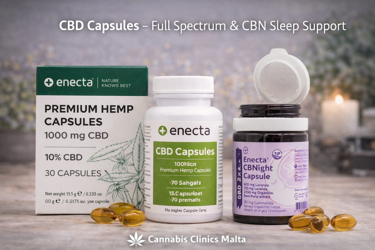 CBD capsules, full-spectrum hemp and CBN sleep support supplement bottles with softgels