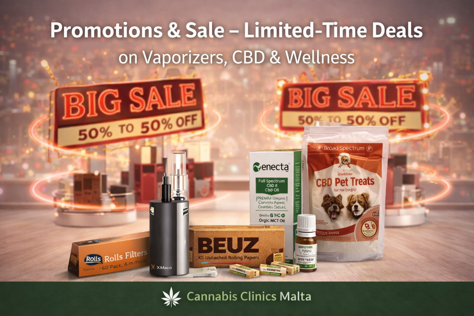 CBD oil, vaporizers, rolling papers, pet treats and filters on sale, cannabis wellness products promotion