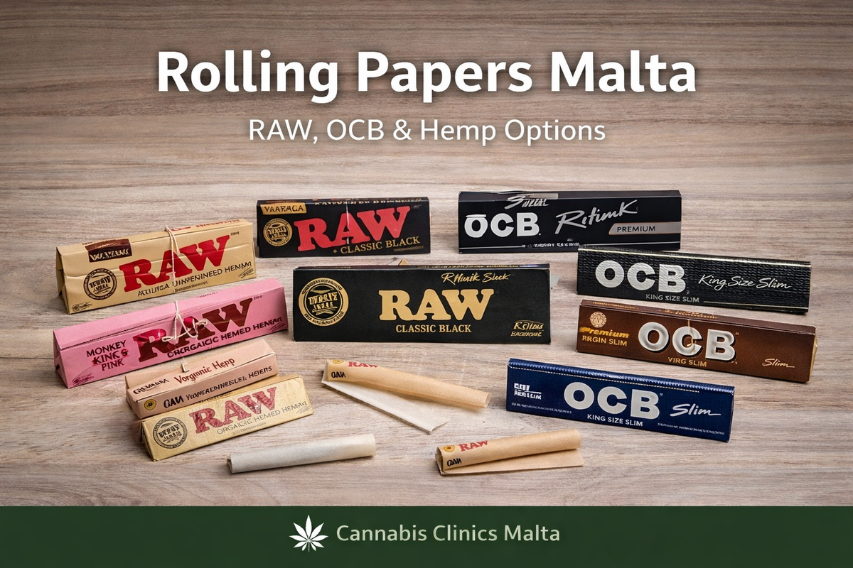 Various RAW and OCB rolling papers in different sizes and colors on a wooden surface, Malta