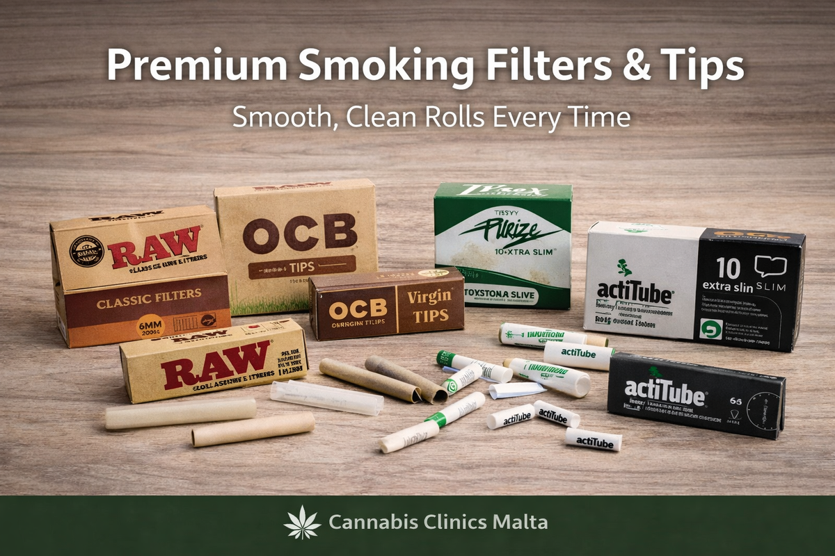 Assorted smoking filters and paper tips from RAW, OCB, actiTube, and Purize displayed on a table.