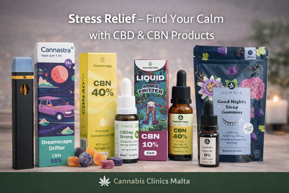 Assorted CBD and CBN stress relief products including vape, oils, and gummies on display.