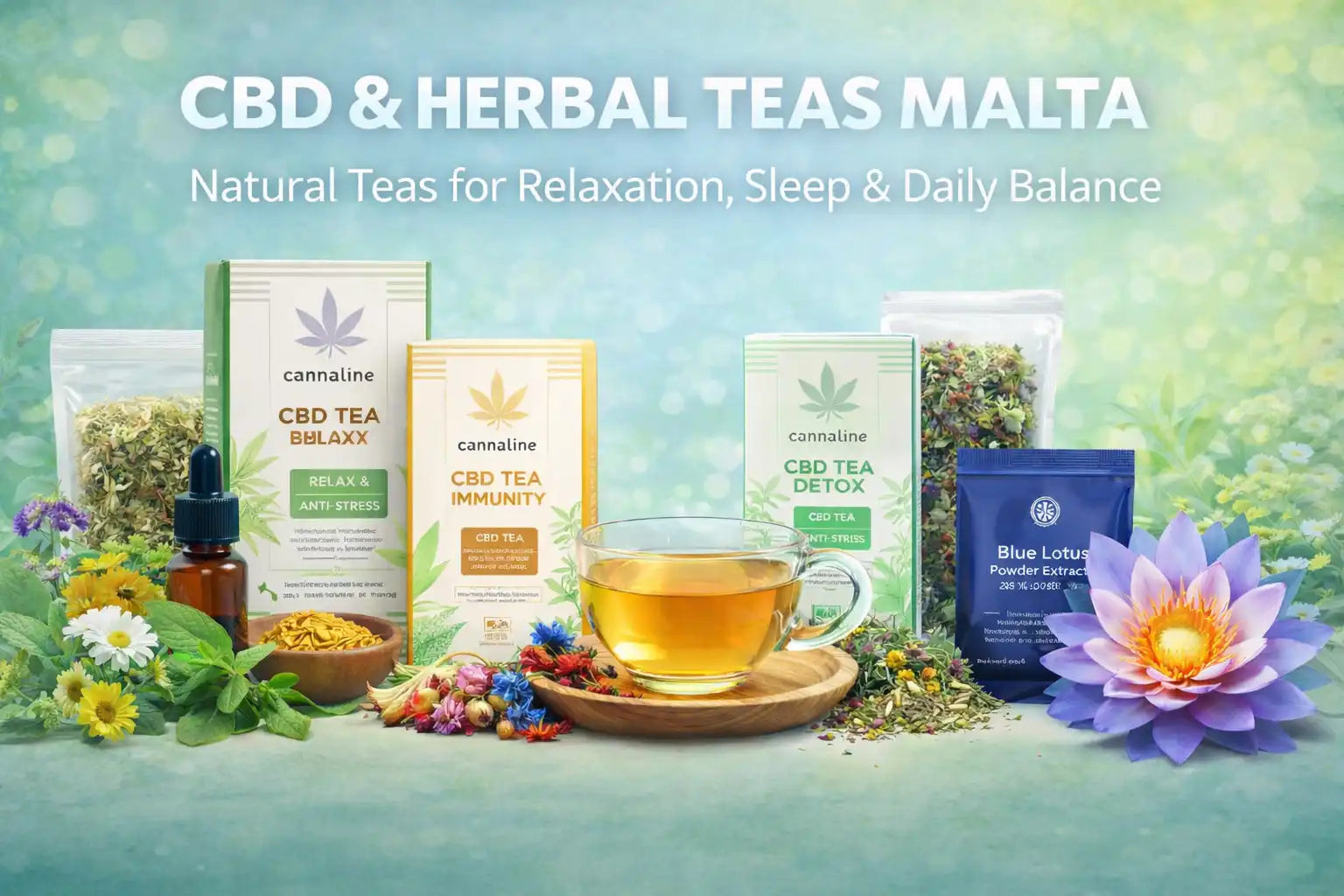 CBD and herbal teas Malta collection banner with Cannaline tea blends and blue lotus extract