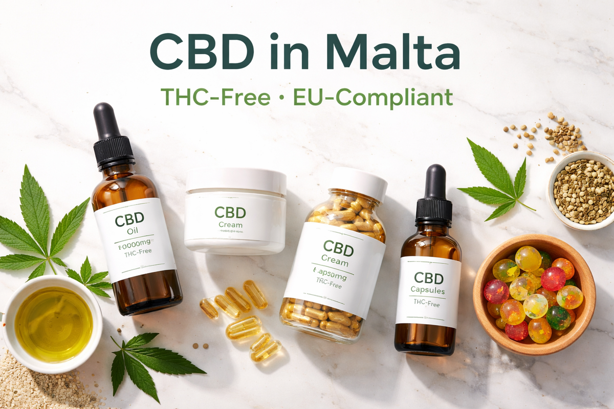 CBD oil, cream, capsules, and gummies with hemp leaves, seeds, and oils, labeled THC-free and EU compliant, for Malta market