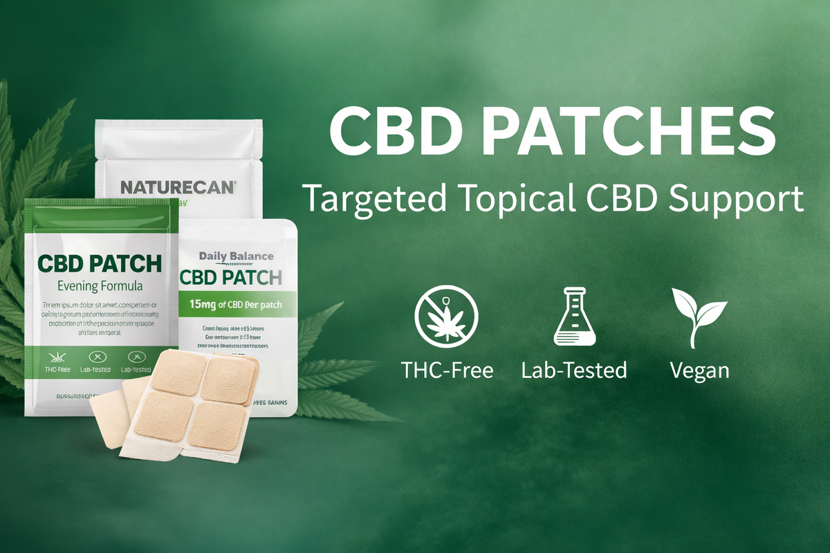 CBD patches product packaging with topical patches, highlighted as THC-free, lab-tested, vegan.