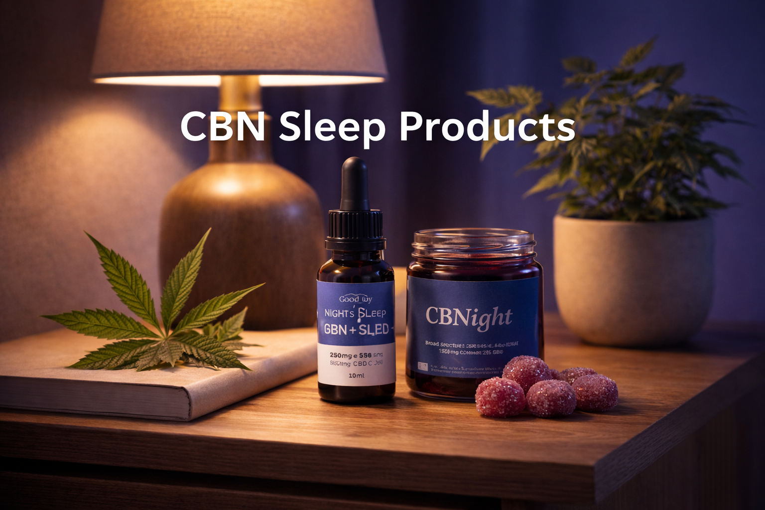 CBN sleep oil and gummies on nightstand with cannabis leaf, plant, and lamp