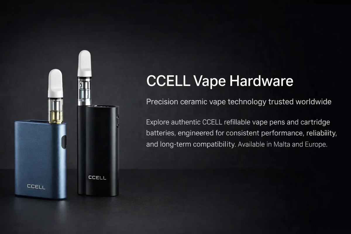 CCELL refillable vape pens and cartridges with ceramic hardware on a black background