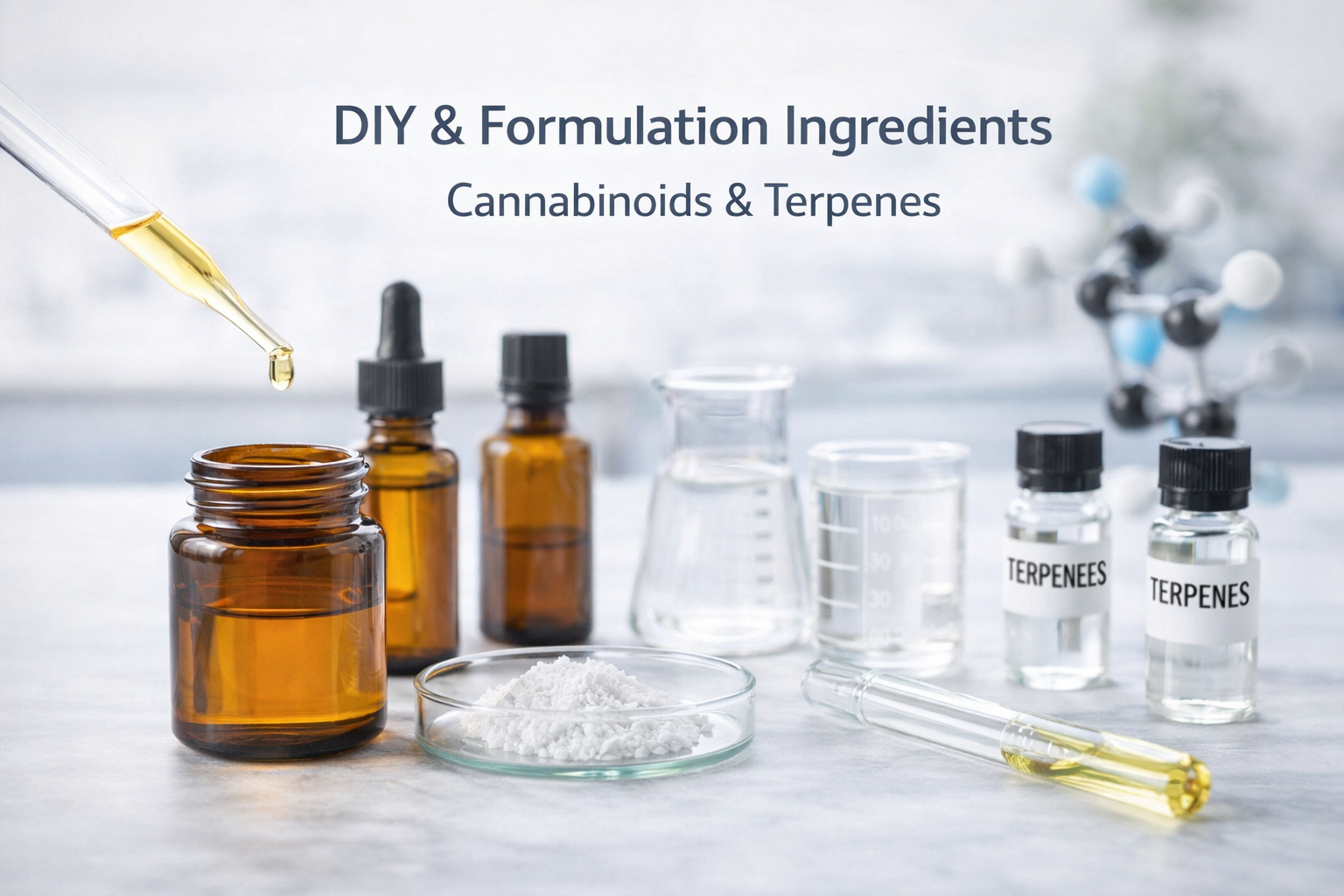 Cannabinoid and terpene formulation ingredients in glass bottles with lab equipment, Malta