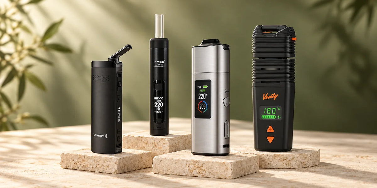 XMAX Starry V4, XMAX V3 Pro Titanium Glass, XLUX Roffu and Storz & Bickel VENTY dry herb vaporisers on limestone stands
