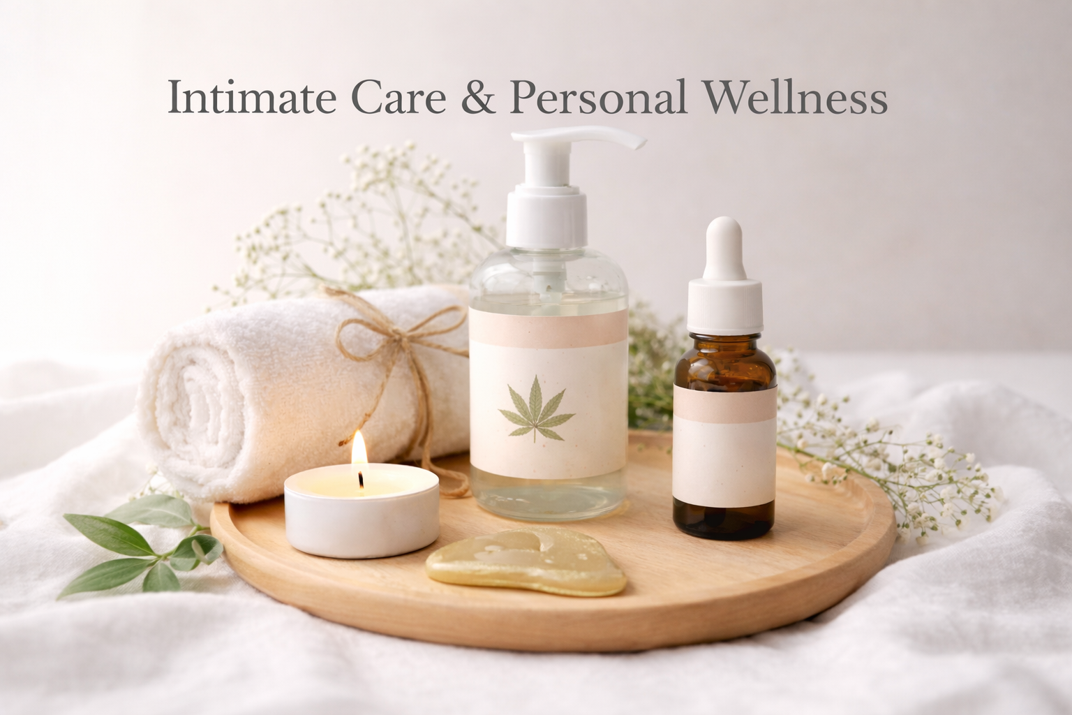 CBD wellness products, massage oil, dropper bottle, spa candle, and towel on wooden tray