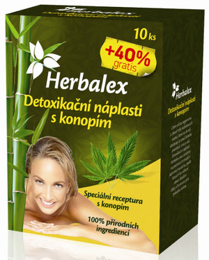 Herbalex hemp foot patches box labelled 10 patches plus 40% extra, containing 14 patches.