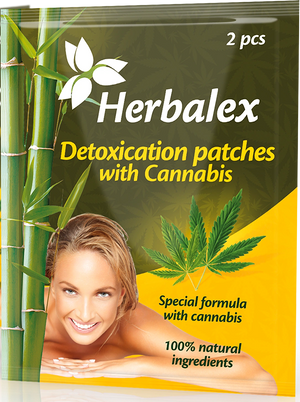 Front of Herbalex foot patches with cannabis packaging, containing 2 patches.