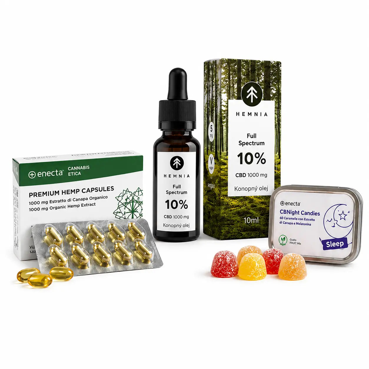 CBD products including 10% full spectrum oil, hemp capsules, and sleep gummies for wellness