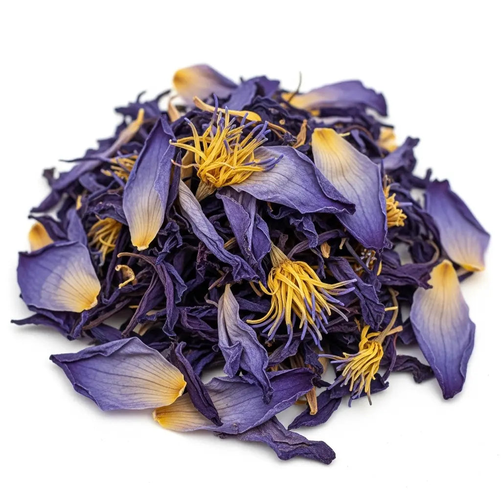Purple and yellow dried flower petals on a white background
